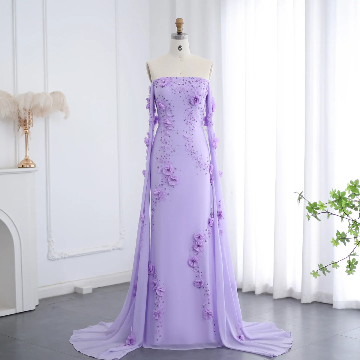 Luxury Lilac Off-Shoulder 3D Flowers Evening Dress with Cape Sleeves