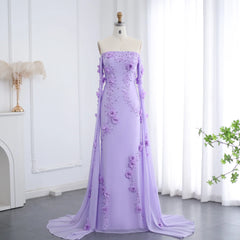 Luxury Lilac Off-Shoulder 3D Flowers Evening Dress with Cape Sleeves