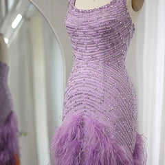 Luxury Elegant Halter Feathers Lilac Evening Dress