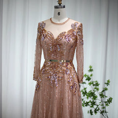 Elegant Long Sleeve Rose Gold Luxury Evening Dress