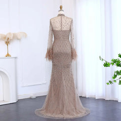 Luxury Beaded Feathers Sage Green Evening Dress