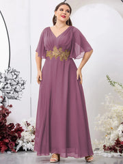 Plus Size V Neck Pleated Multicolor Chiffon Evening Dress