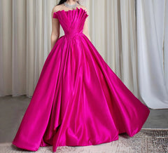 Luxury Elegant Scalloped Long Fuchsia Satin Evening Dress