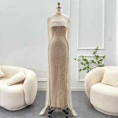 Luxury Pearls Champagne Mermaid Formal Wedding Evening Dress with Cape