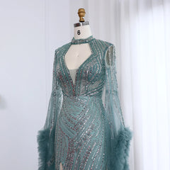 Luxury Beaded Sequined Mermaid Evening Dress with Cape Sleeves