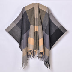 Women Classic Jacquard Tassel Slit Knitted Cape Plaid Shawl