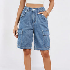 Women Washed Denim Cargo Knee-length Shorts