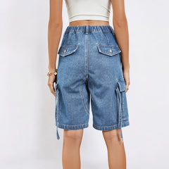 Women Washed Denim Cargo Knee-length Shorts