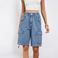 Women Washed Denim Cargo Knee-length Shorts