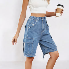 Women Washed Denim Cargo Knee-length Shorts