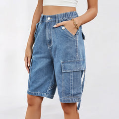 Women Washed Denim Cargo Knee-length Shorts