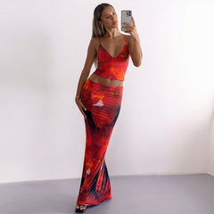 Women Summer Printed Sexy V neck Vest Slim Skirt Set