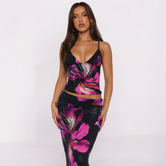 Women Summer Printed Sexy V neck Vest Slim Skirt Set