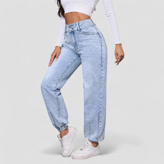 Women Casual Beaded Straight Jeans