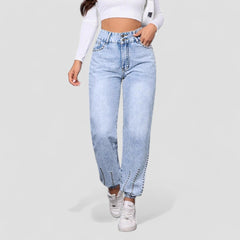 Women Casual Beaded Straight Jeans