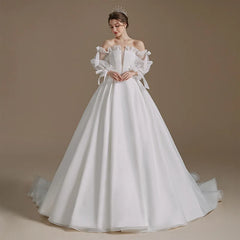 Long Sleeve Satin Bow Rustic Wedding Dress