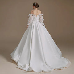 Long Sleeve Satin Bow Rustic Wedding Dress