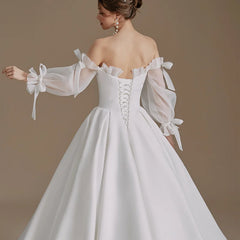 Long Sleeve Satin Bow Rustic Wedding Dress