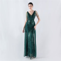 Elegant V-Neck Floral Sequin with Cloak Craft Beading Evening Dress