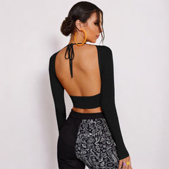 Sexy Backless Long Sleeves Black Crop Top