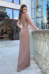 Long one-shoulder sleeve sequin evening dress