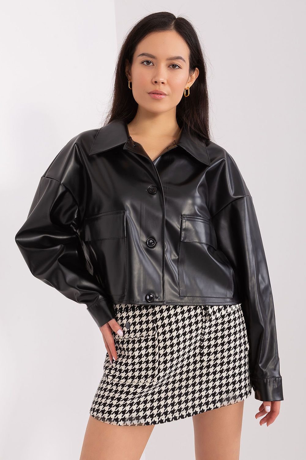 Long sleeves black eco-leather jacket