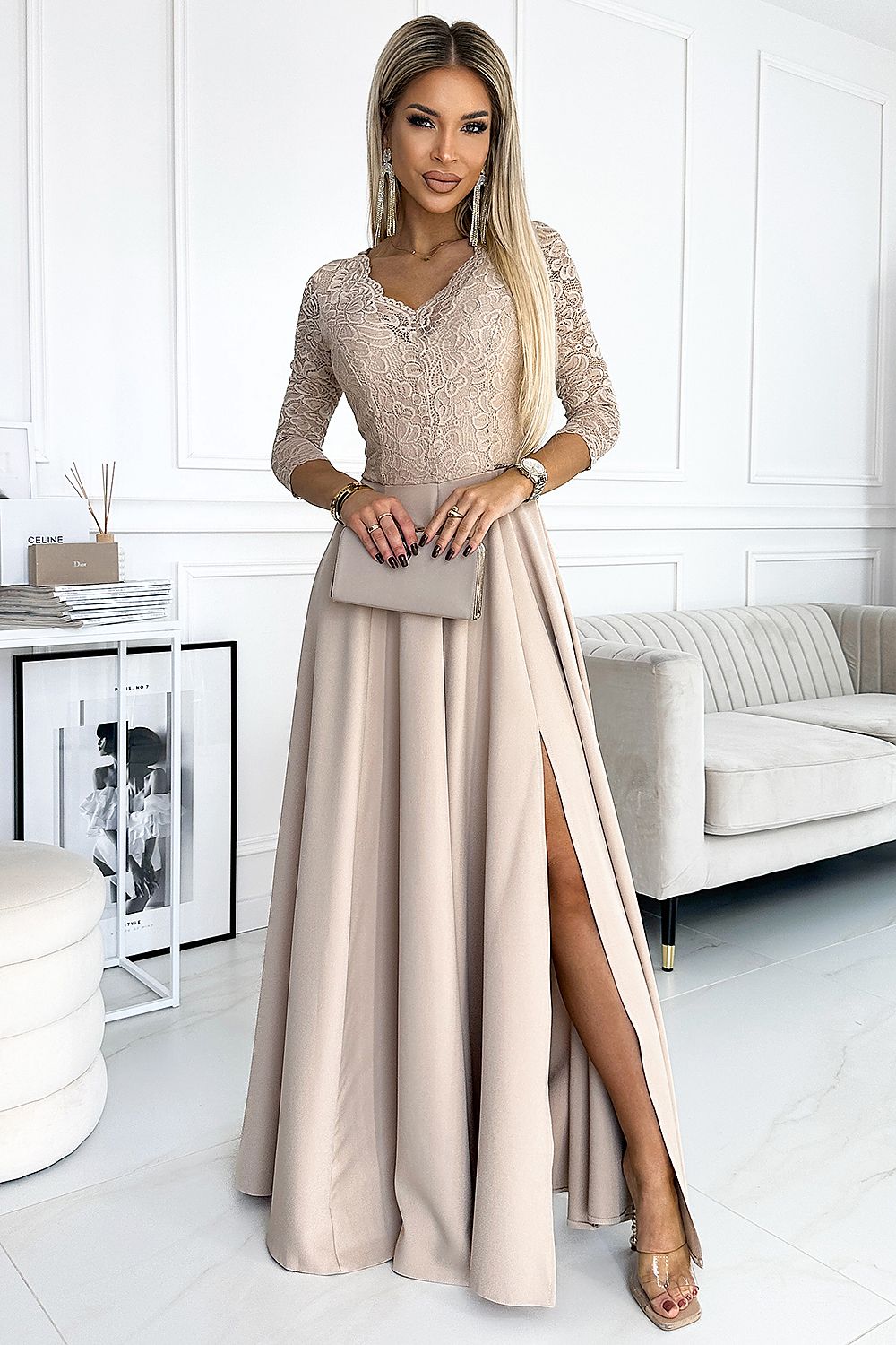 Stylish long lace side slit formal dress