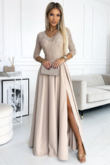 Long v-neck bold side slit lace evening dress