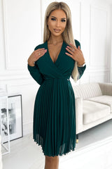 Long sleeves pleated chiffon cocktail dress