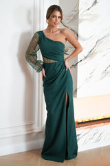 Long one-shoulder sleeve sequin evening dress