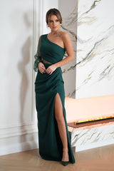 Long one-shoulder sleeve sequin evening dress