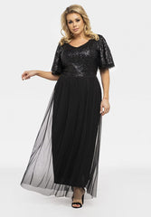 Dazzling sequined top tulle skirt plus size dress