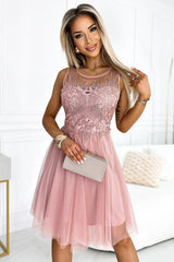 Short delicate tulle evening dress with guipure