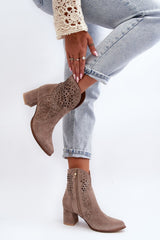 Openwork pattern natural suede heeled boots