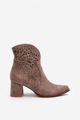 Openwork pattern natural suede heeled boots