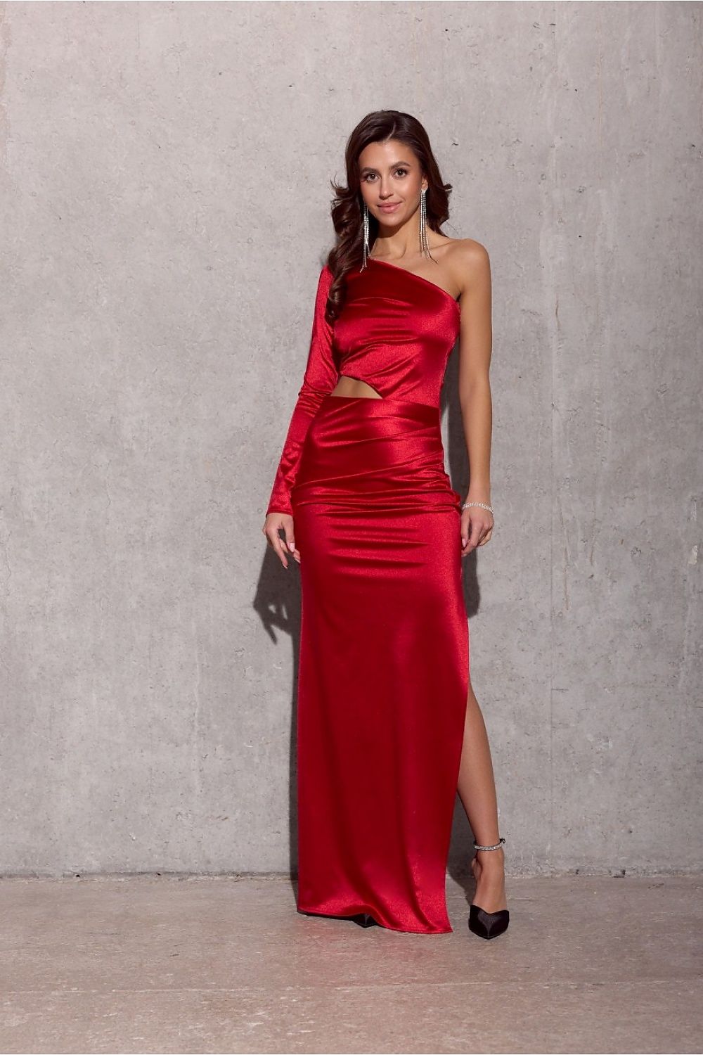 Long delicate satin one long sleeve evening dress