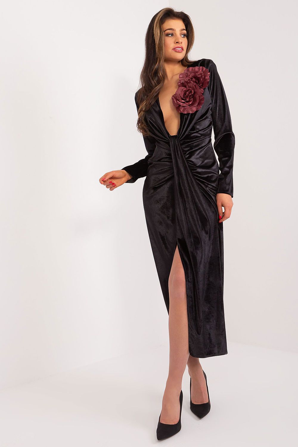 Long sleeves velour evening dress