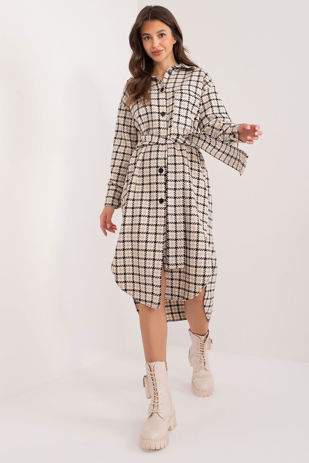 Long sleeves check pattern everyday shirt dress