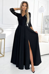 Long v-neck bold side slit lace evening dress