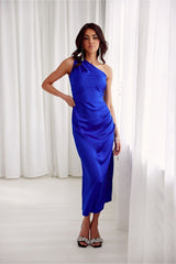 One shoulder subtle slit midi evening dress