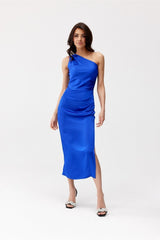 One shoulder subtle slit midi evening dress