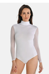 Stand-up collar bodysuit with transparent long sleeves