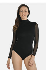 Stand-up collar bodysuit with transparent long sleeves