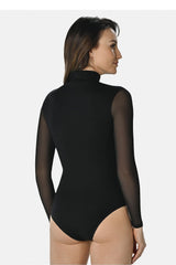 Stand-up collar bodysuit with transparent long sleeves