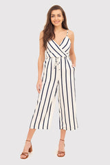 Cream and navy blue jumpsuit with waist tie