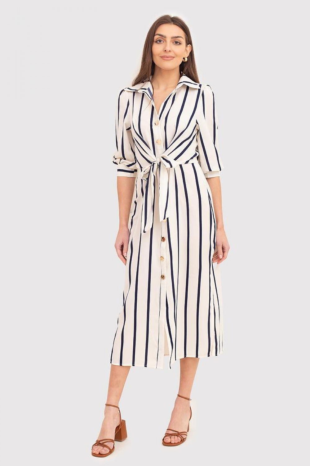 3/4 sleeves cream day dress with navy blue stripes