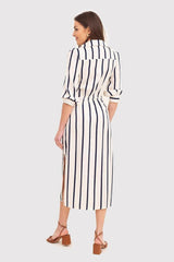 3/4 sleeves cream day dress with navy blue stripes