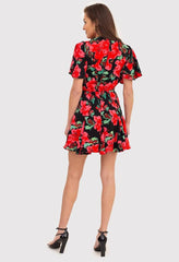 Red short sleeves draped daydress with floral print