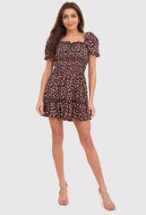 Red short buff sleeves floral print mini daydress