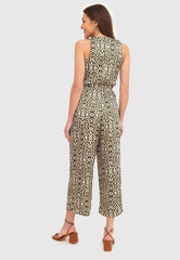 Sleeveless jumpsuit with tie front in khaki and cream